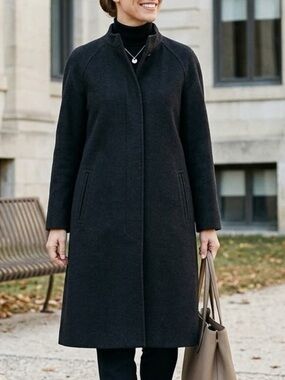 Hilary Radley Black Stand Collar Long Dress Coat Zip-In Lining Size 10
